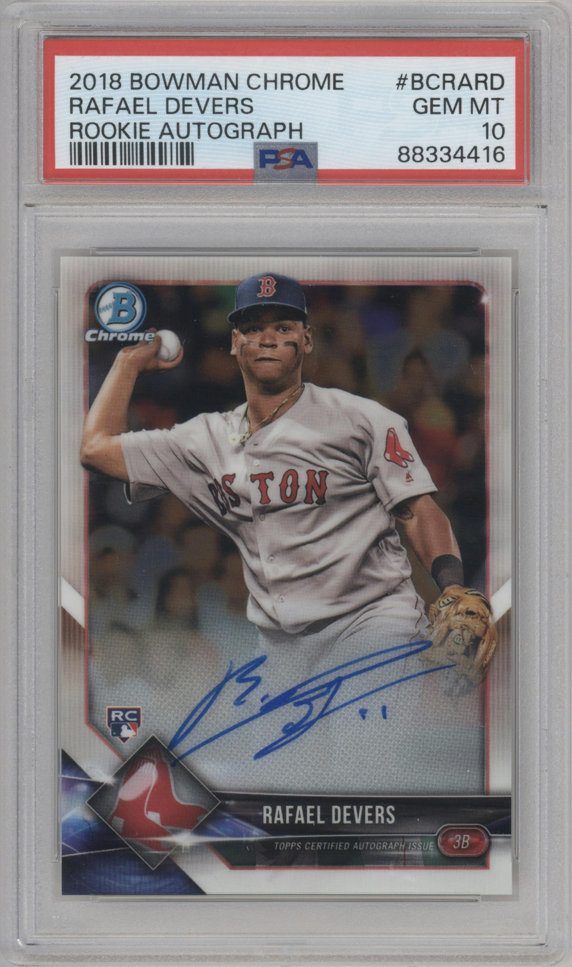 Rafael Devers from the 2018 Bowman Chrome set graded by PSA and given an overall grade of 10.