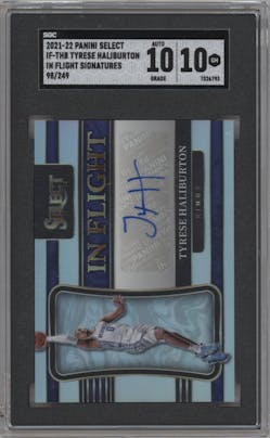 Tyrese Haliburton from the 2021-22 Panini Select set graded by SGC and given an overall grade of 10.