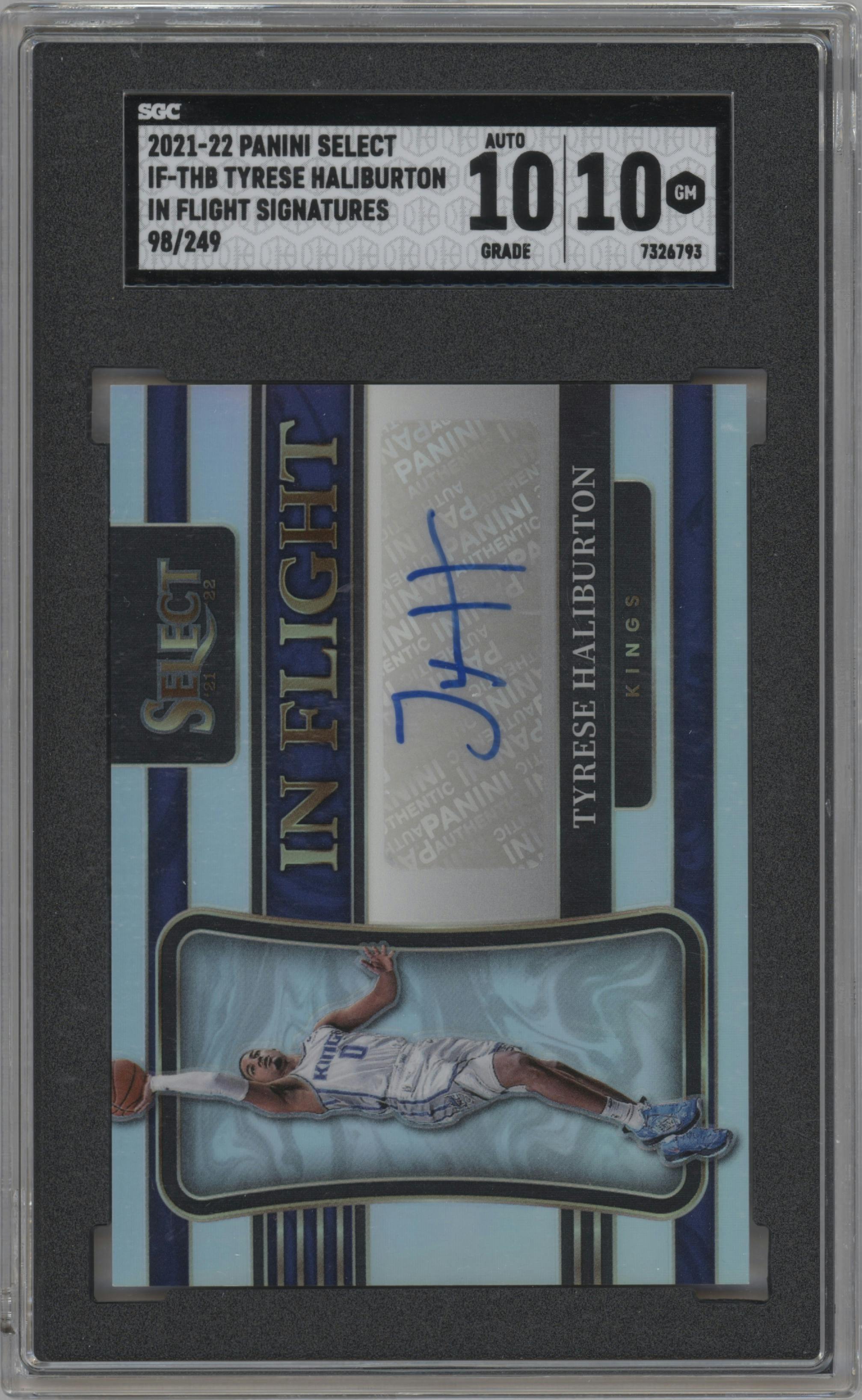 Tyrese Haliburton from the 2021-22 Panini Select set graded by SGC and given an overall grade of 10.
