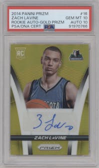 Zach LaVine from the 2014-15 Panini Prizm set featuring a Gold parallel graded by PSA and given an overall grade of 10.