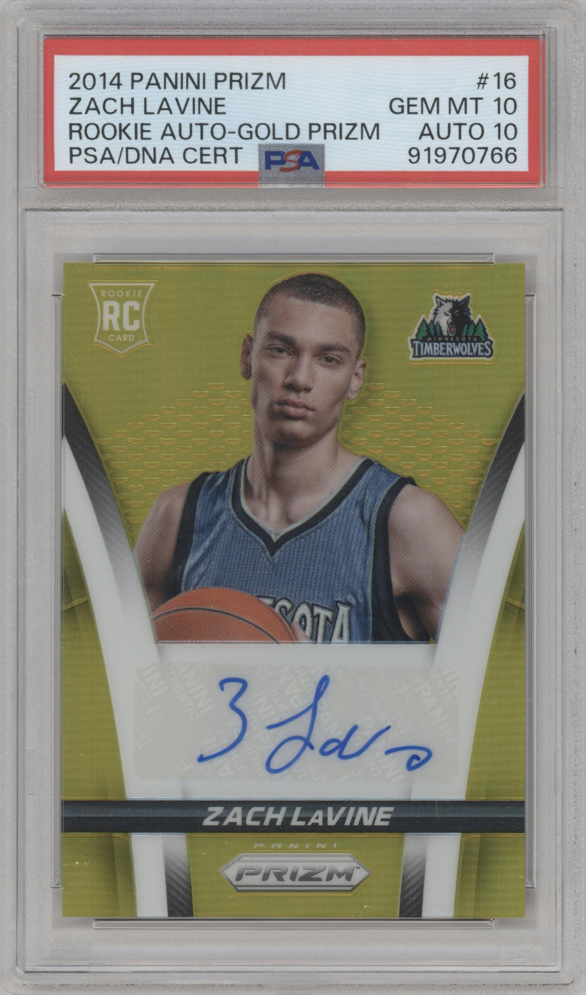 Zach LaVine from the 2014-15 Panini Prizm set featuring a Gold parallel graded by PSA and given an overall grade of 10.