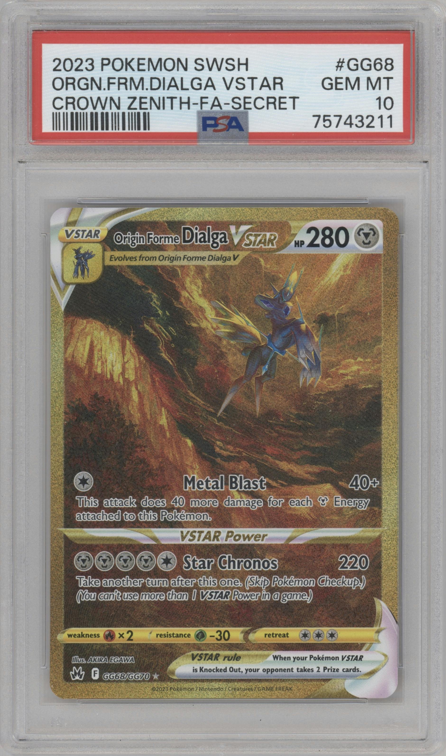 Origin Forme Dialga VSTAR from the 2023 Pokemon SWSH set graded by PSA and given an overall grade of 10.