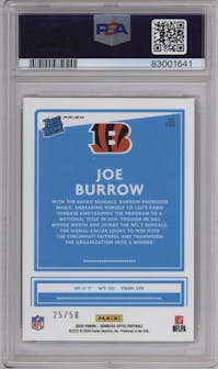 Joe Burrow from the 2020 Panini Donruss Optic set featuring a Purple parallel graded by PSA and given an overall grade of 10.
