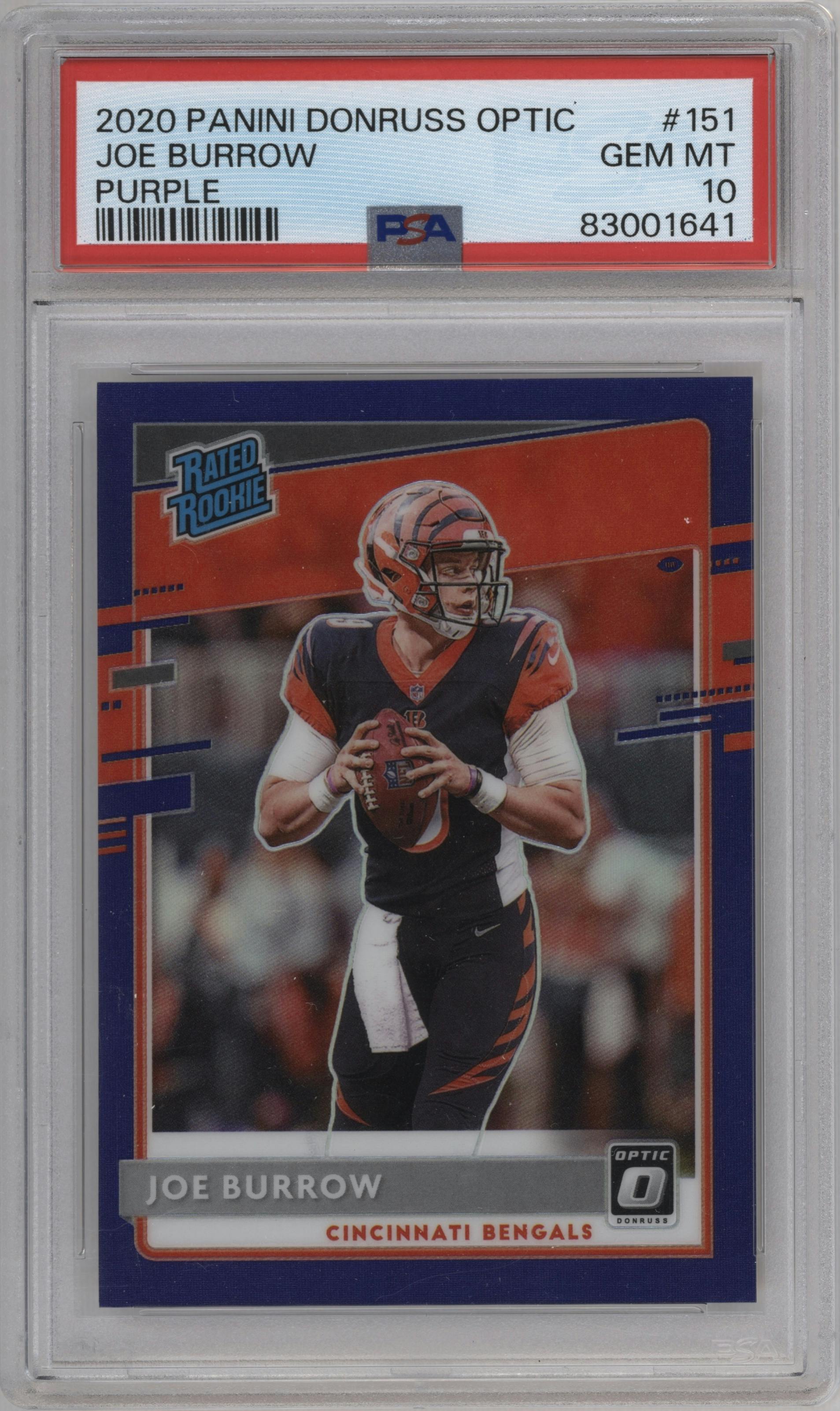 Joe Burrow from the 2020 Panini Donruss Optic set featuring a Purple parallel graded by PSA and given an overall grade of 10.