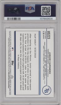 Junior Caminero from the 2024 Topps Update set featuring a Silver Crackle Foilboard parallel graded by PSA and given an overall grade of 10.