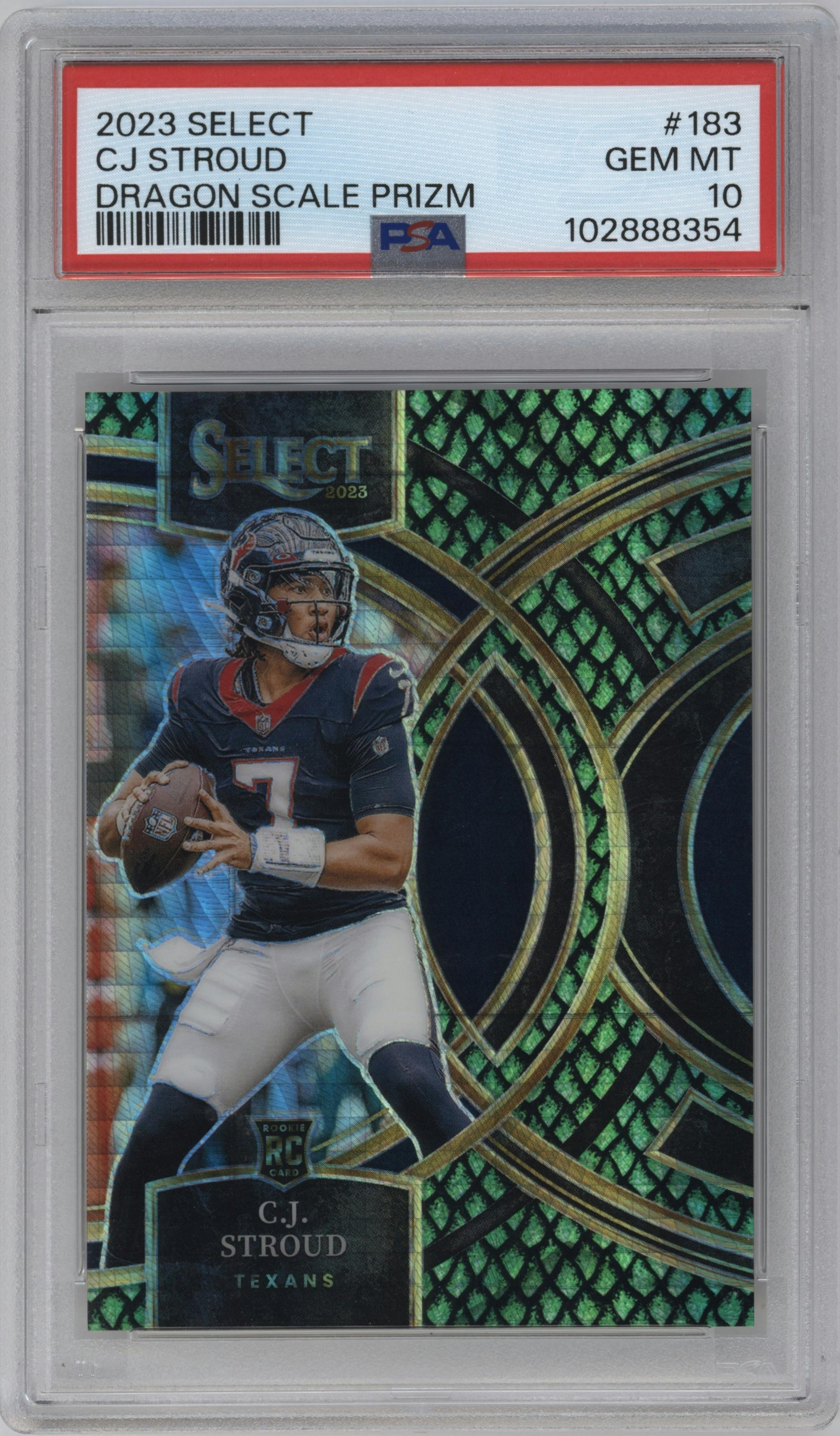 C.J. Stroud from the 2023 Panini Select set featuring a Dragon Scale parallel graded by PSA and given an overall grade of 10.