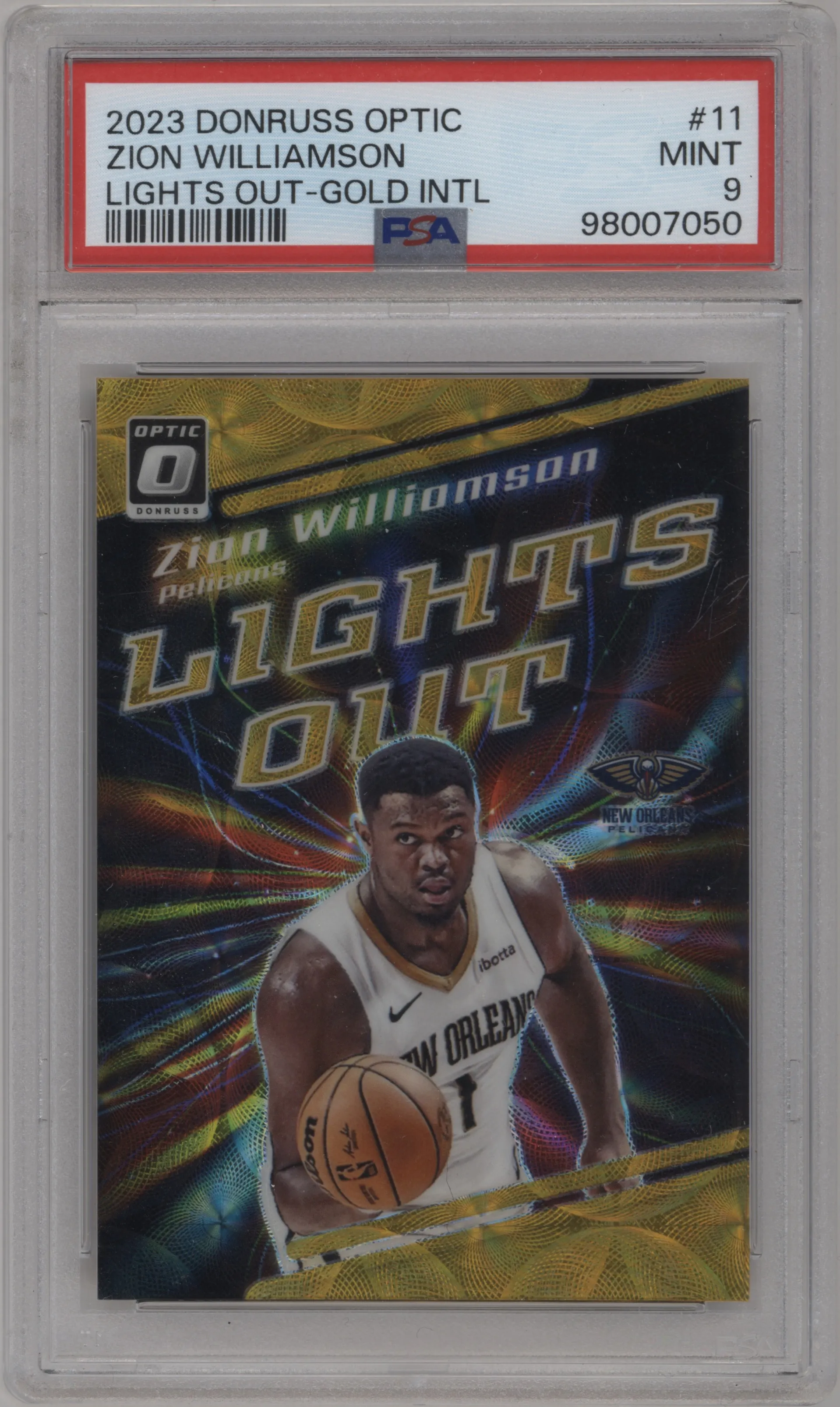2023 Donruss Optic Lights Out Zion Williamson Gold International #11 PSA 9