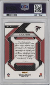 Kyle Pitts from the 2023 Panini Prizm set featuring a Green Wave parallel graded by PSA and given an overall grade of 10.