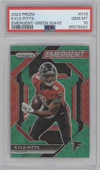 Kyle Pitts from the 2023 Panini Prizm set featuring a Green Wave parallel graded by PSA and given an overall grade of 10.