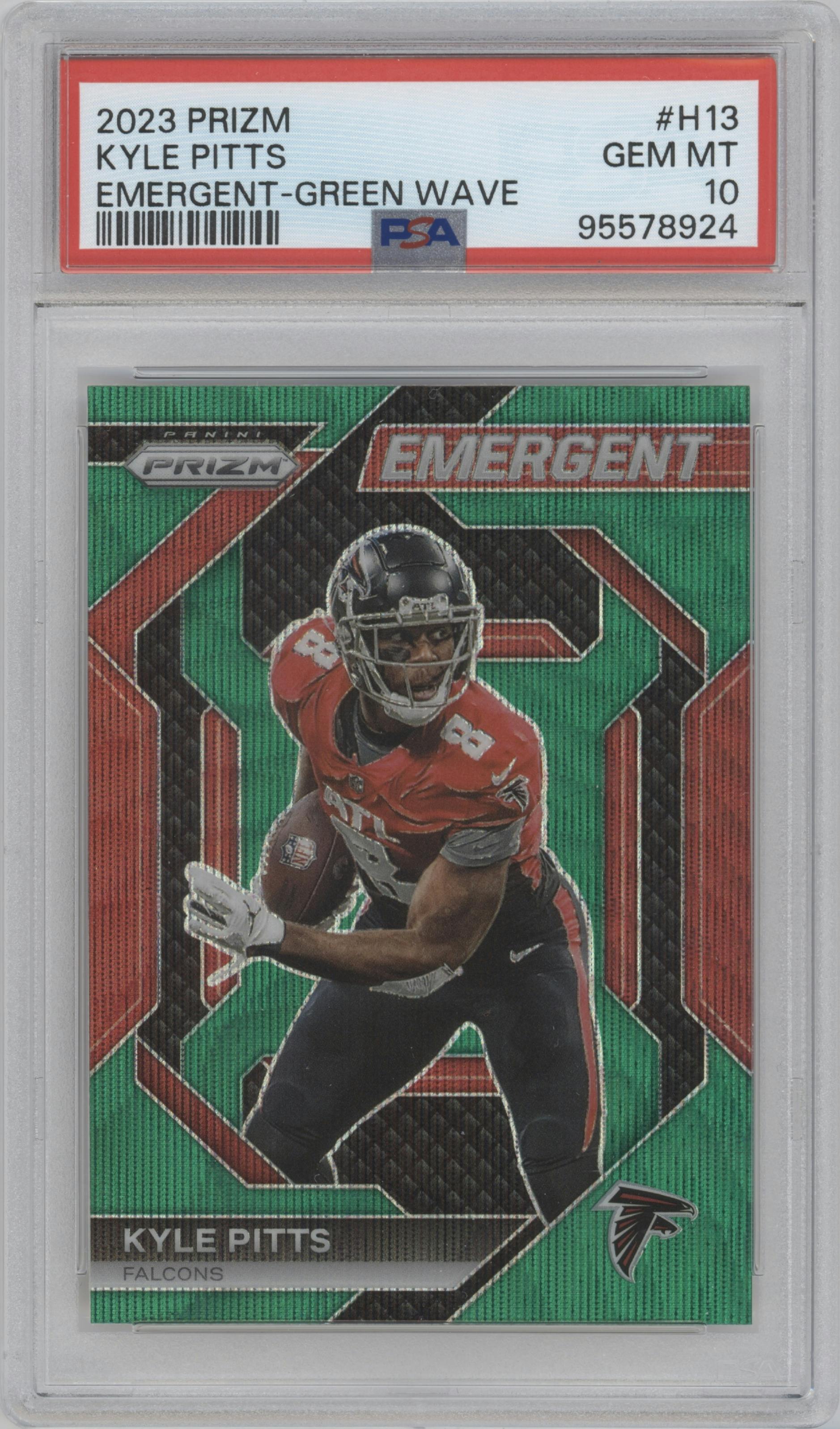 Kyle Pitts from the 2023 Panini Prizm set featuring a Green Wave parallel graded by PSA and given an overall grade of 10.