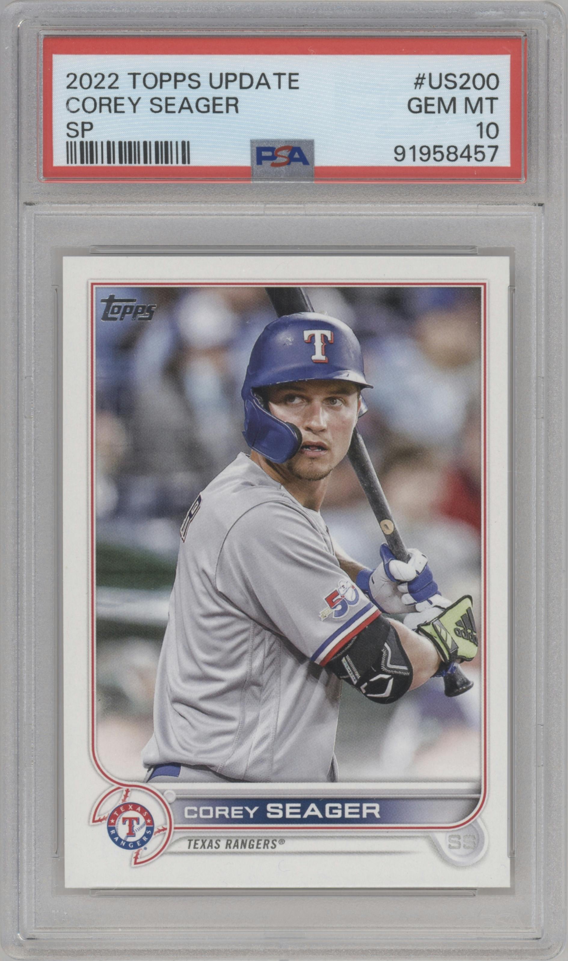 Corey Seager from the 2022 Topps Update  set graded by PSA and given an overall grade of 10.