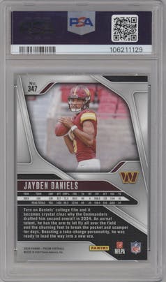 Jayden Daniels from the 2024 Panini Prizm set graded by PSA and given an overall grade of 10.