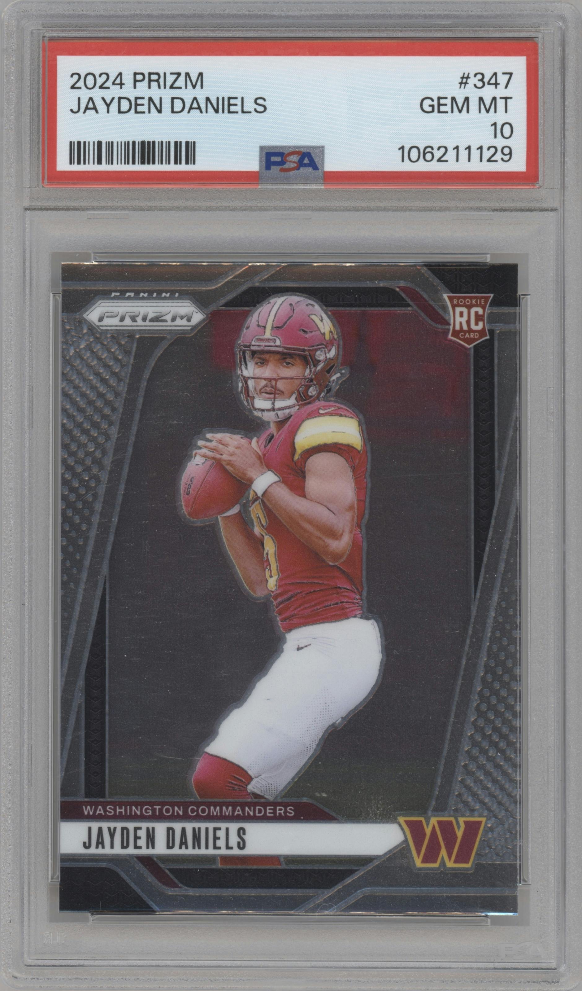 Jayden Daniels from the 2024 Panini Prizm set graded by PSA and given an overall grade of 10.
