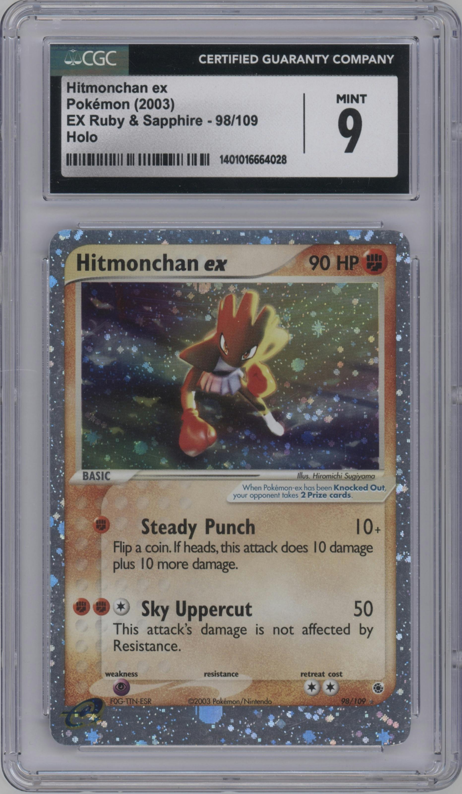 Hitmonchan ex from the 2003 Pokemon EX set graded by CSG and given an overall grade of 9.