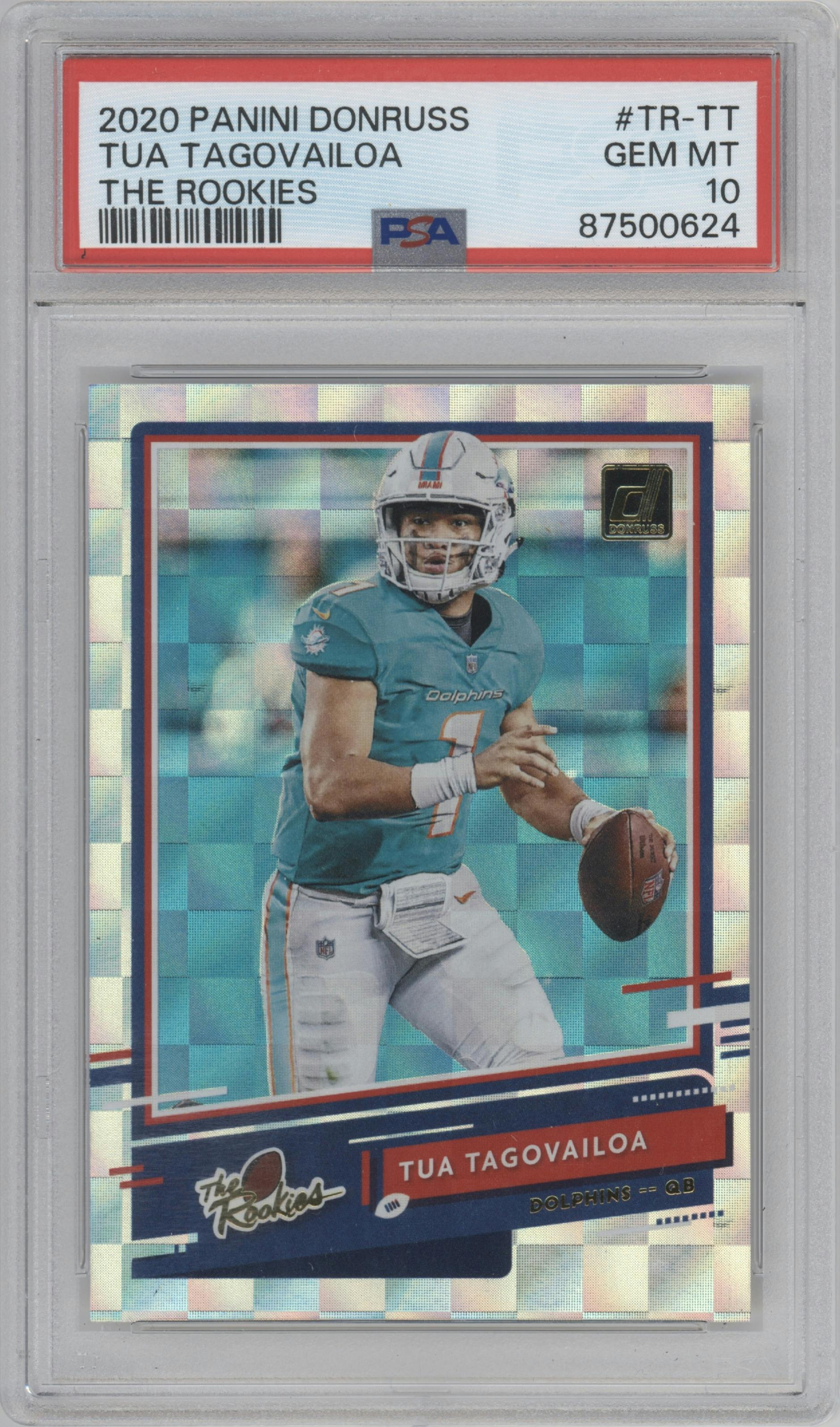 Tua Tagovailoa from the 2020 Panini Donruss set graded by PSA and given an overall grade of 10.