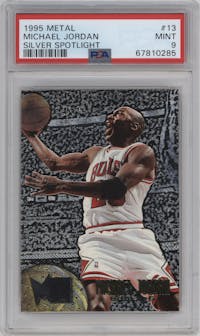 Michael Jordan from the 1995-96 Metal set featuring a Silver Spotlight parallel graded by PSA and given an overall grade of 9.