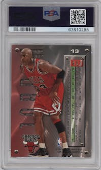 Michael Jordan from the 1995-96 Metal set featuring a Silver Spotlight parallel graded by PSA and given an overall grade of 9.