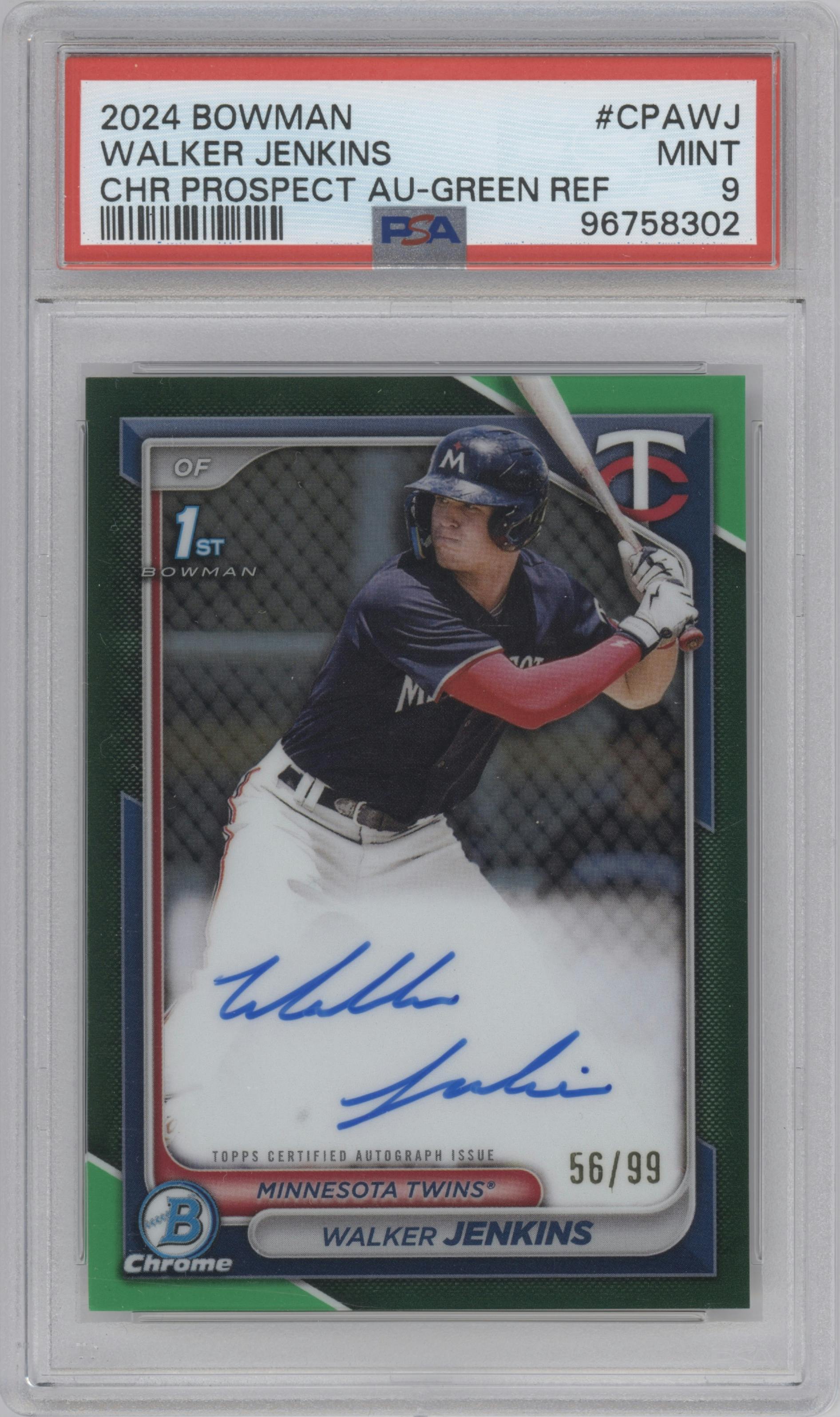 Walker Jenkins from the 2024 Bowman set featuring a Green Refractor parallel graded by PSA and given an overall grade of 9.