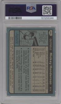 Rickey Henderson from the 1980 Topps set graded by PSA and given an overall grade of 7.