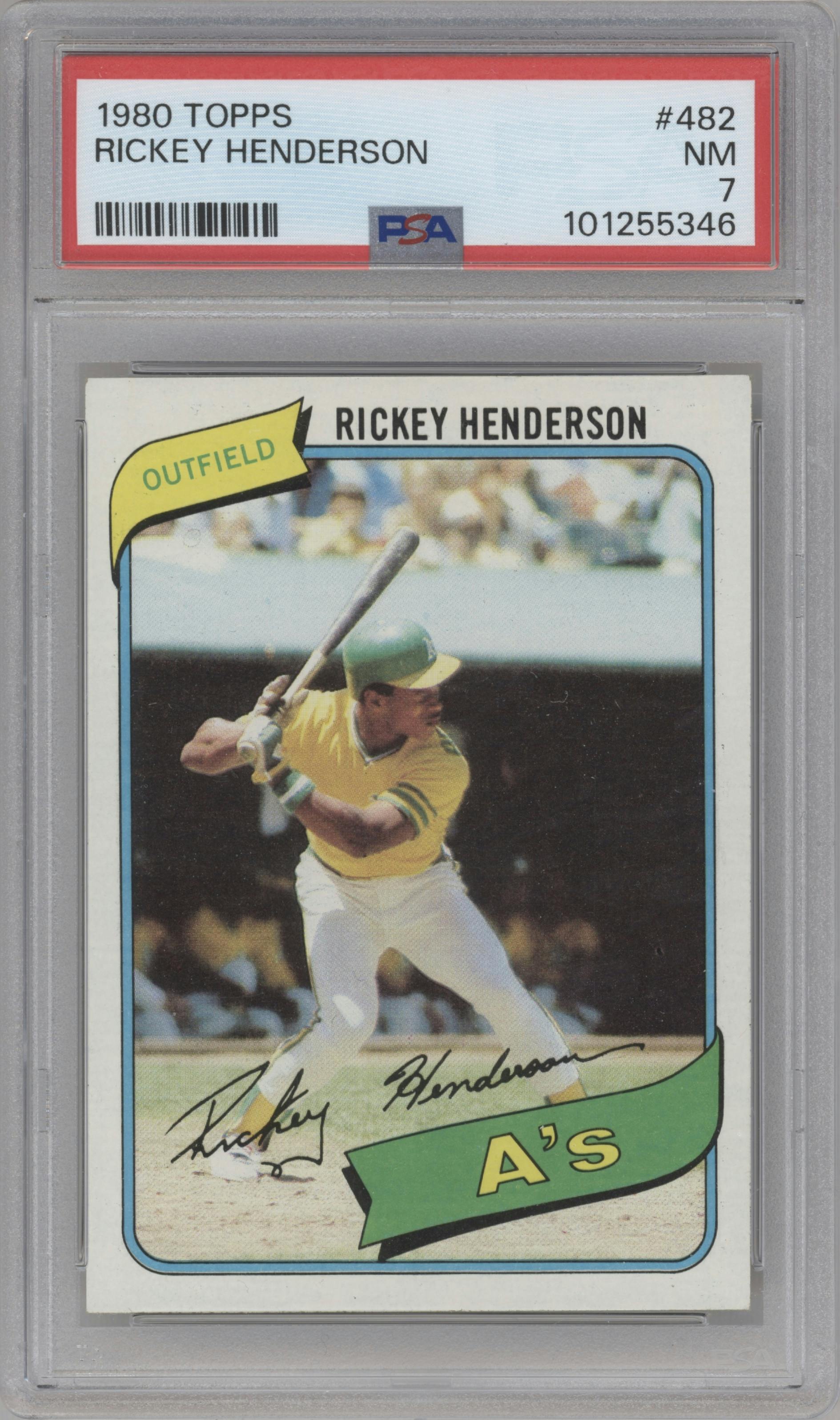 Rickey Henderson from the 1980 Topps set graded by PSA and given an overall grade of 7.
