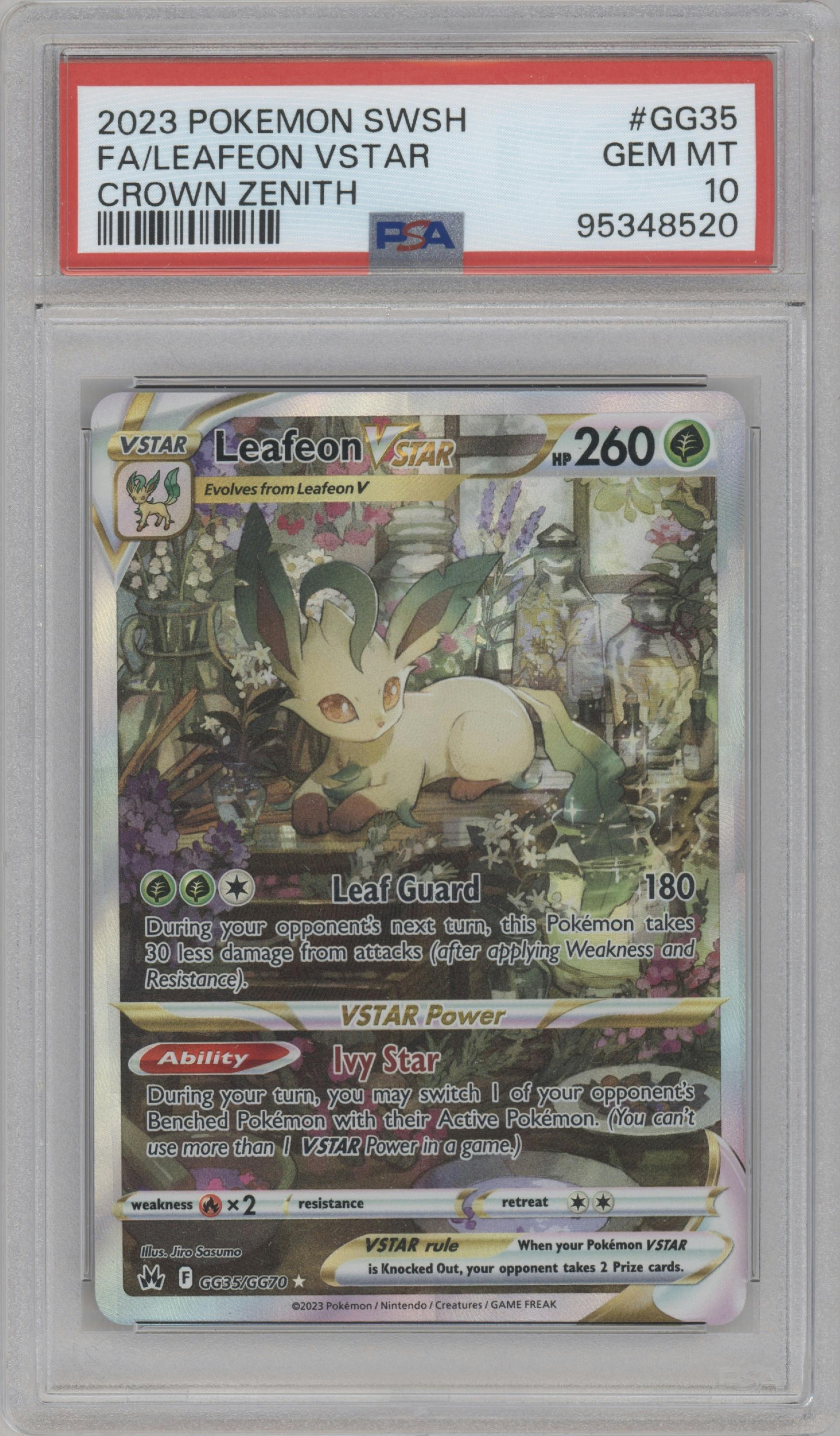 Leafeon VSTAR from the 2023 Pokemon SWSH set graded by PSA and given an overall grade of 10.