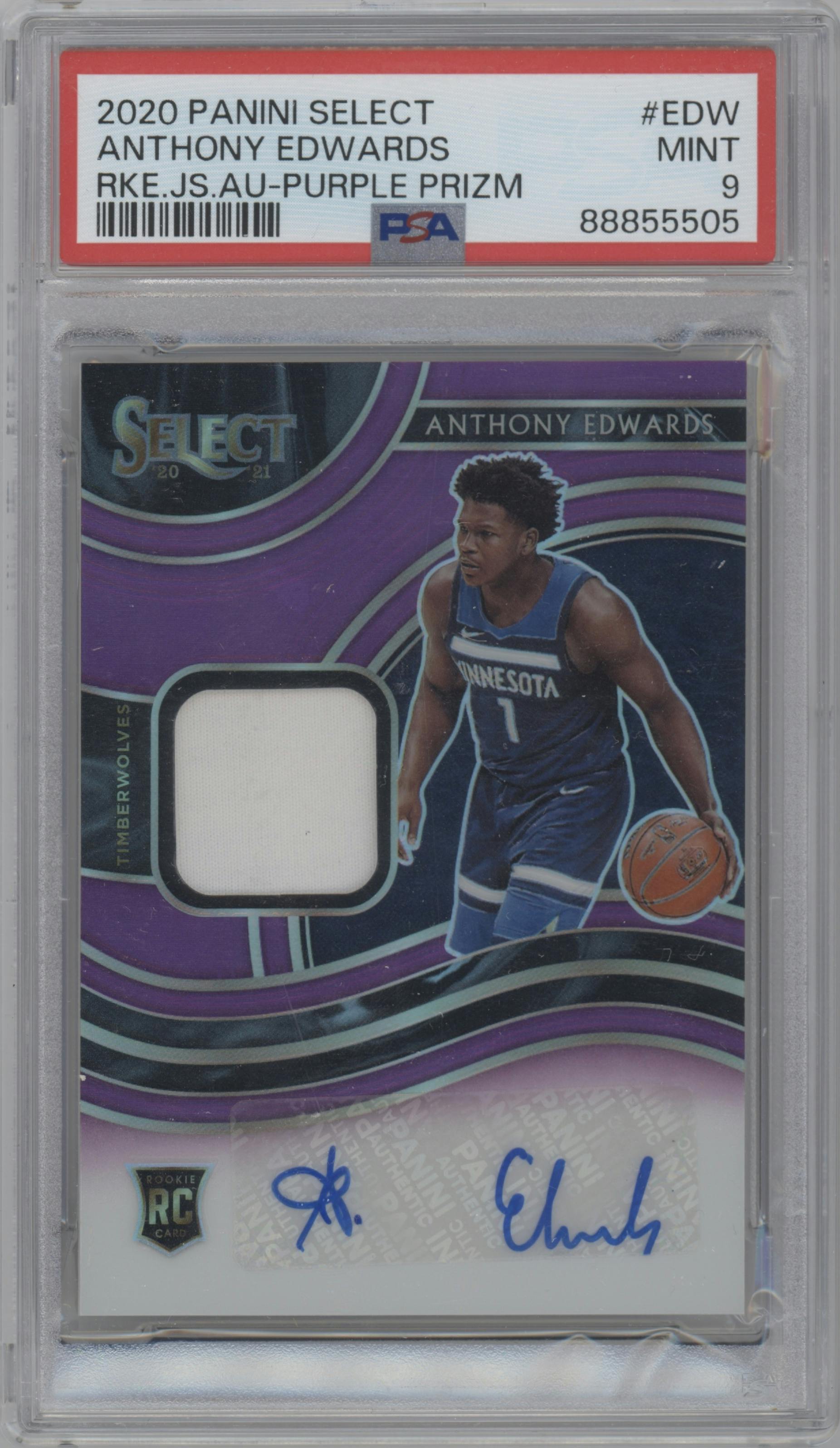 Anthony Edwards from the 2020-21 Panini Select  set featuring a Purple Prizm parallel graded by PSA and given an overall grade of 9.
