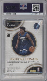 Anthony Edwards from the 2020-21 Panini Select  set featuring a Purple Prizm parallel graded by PSA and given an overall grade of 9.