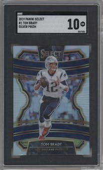 Tom Brady from the 2019 Panini Select  set featuring a Silver Prizm parallel graded by SGC and given an overall grade of 10.
