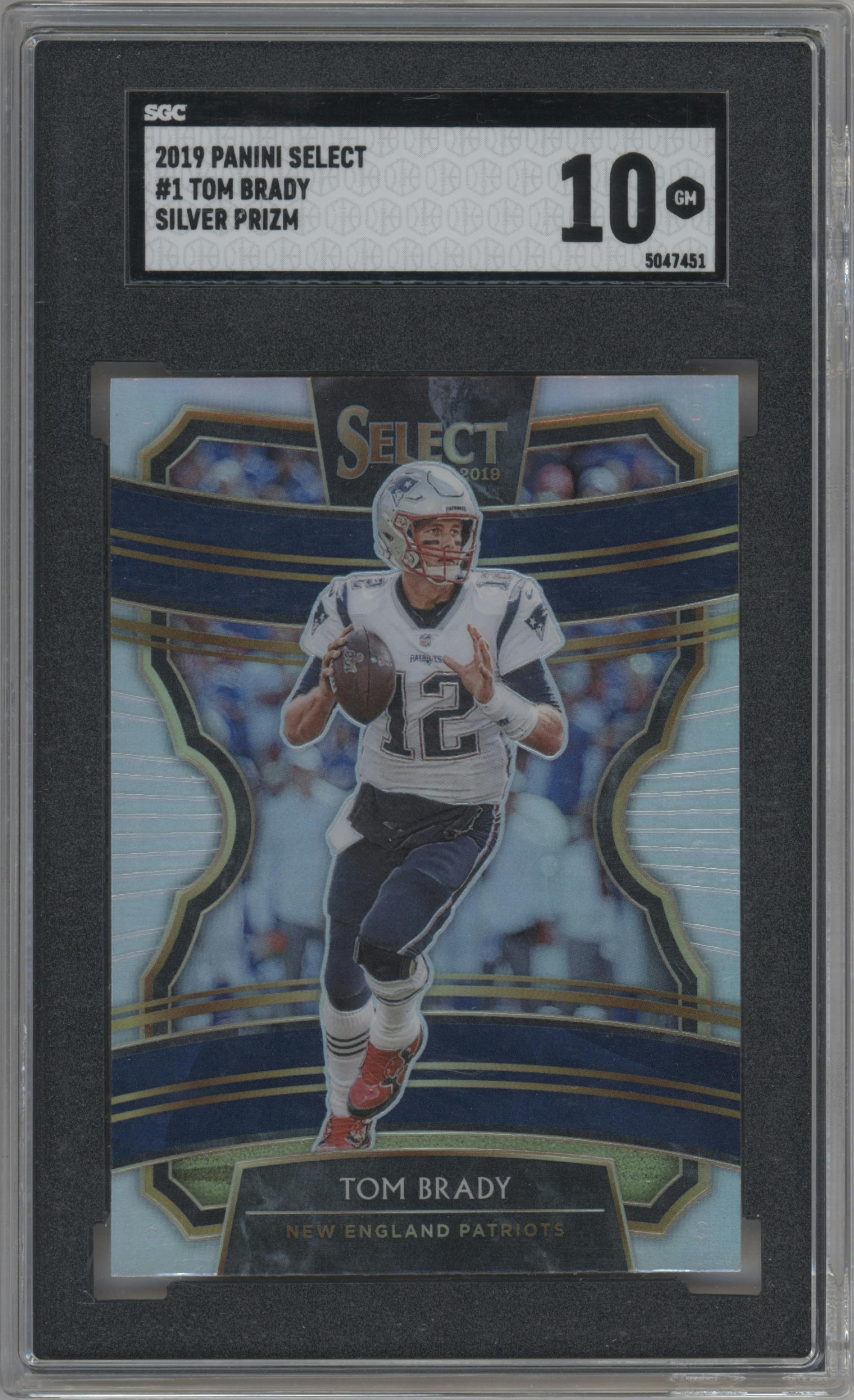 Tom Brady from the 2019 Panini Select  set featuring a Silver Prizm parallel graded by SGC and given an overall grade of 10.