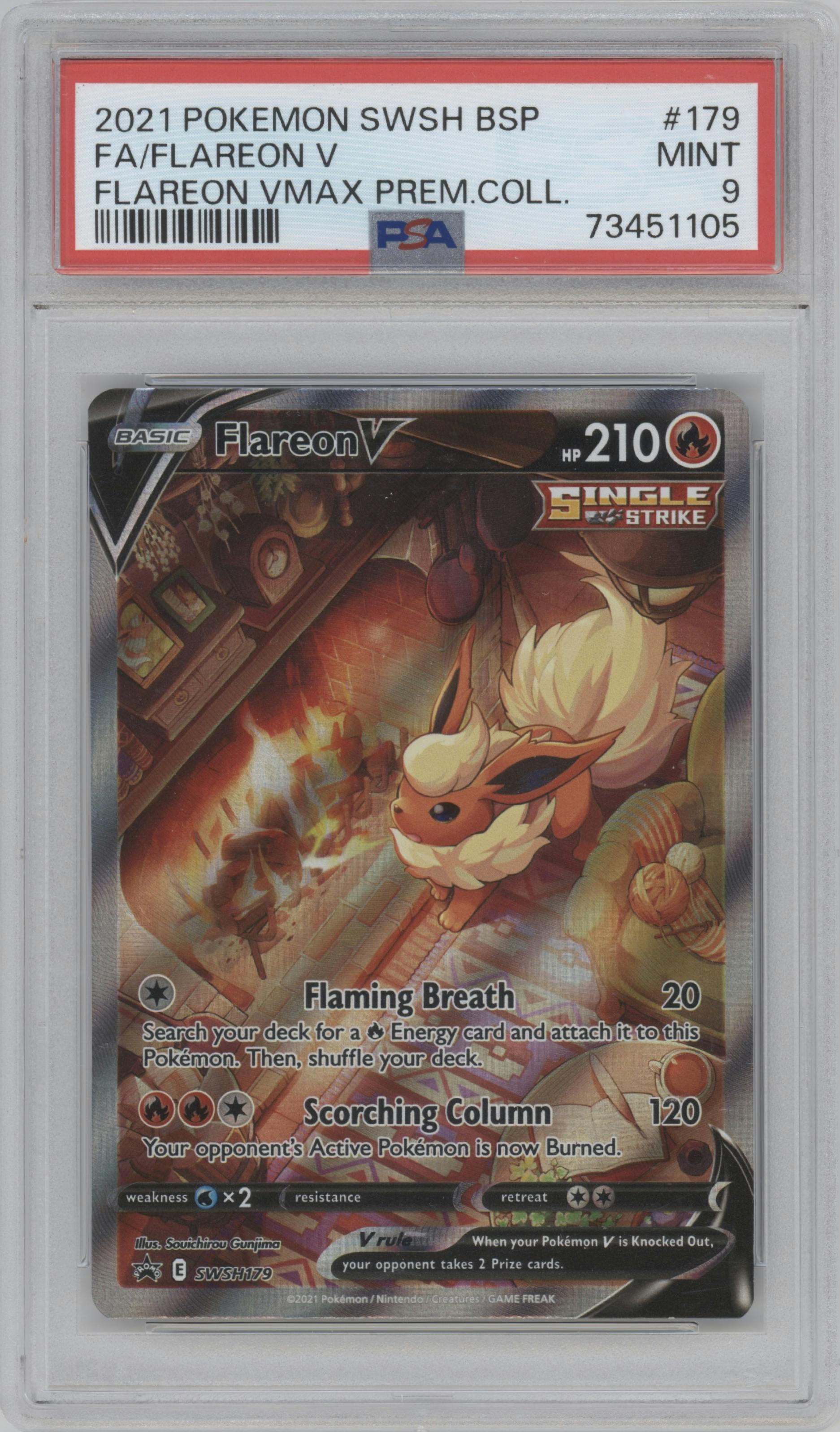 Flareon V from the 2021 Pokemon SWSH set featuring a Flareon VMAX Premium Collection parallel graded by PSA and given an overall grade of 9.