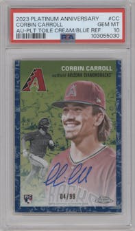 Corbin Carroll from the 2023 Topps Chrome Platinum Anniversary set featuring a Toile Cream Blue Refractor parallel graded by PSA and given an overall grade of 10.