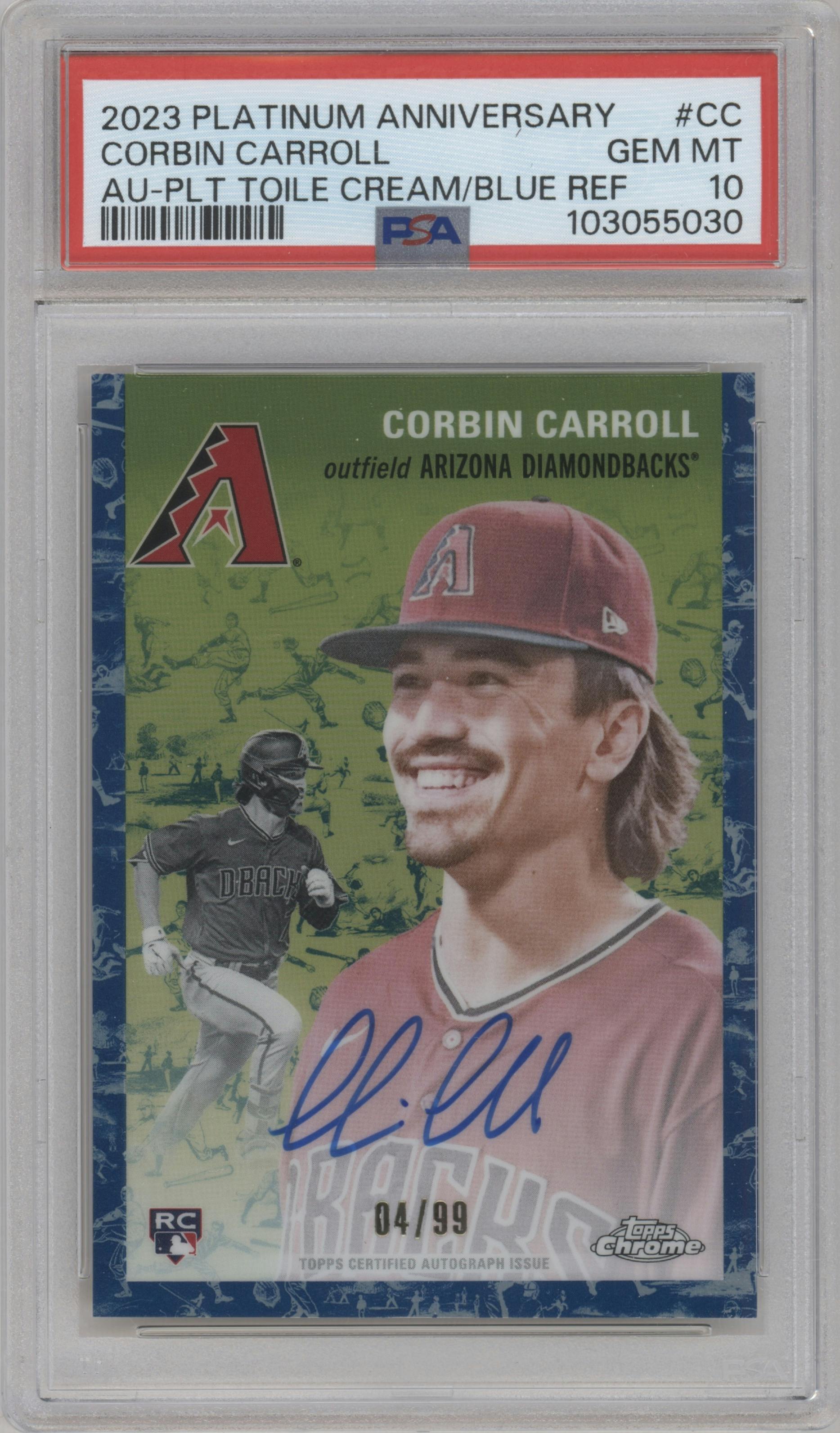 Corbin Carroll from the 2023 Topps Chrome Platinum Anniversary set featuring a Toile Cream Blue Refractor parallel graded by PSA and given an overall grade of 10.