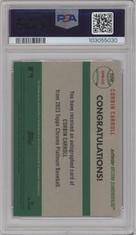Corbin Carroll from the 2023 Topps Chrome Platinum Anniversary set featuring a Toile Cream Blue Refractor parallel graded by PSA and given an overall grade of 10.