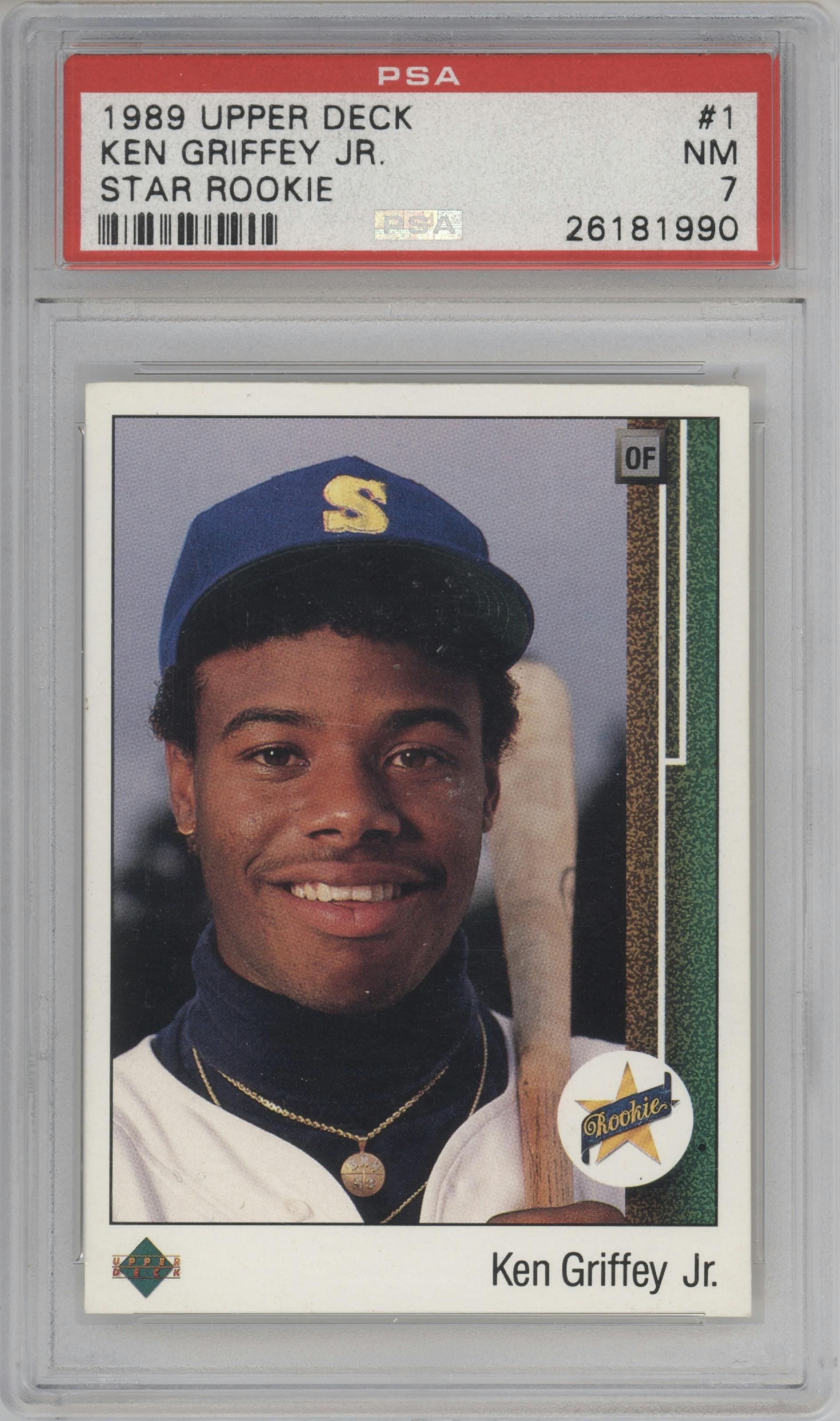 Ken Griffey Jr. from the 1989 Upper Deck set graded by PSA and given an overall grade of 7.