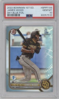 James Wood from the 2022 Bowman 1st Edition set featuring a Sky Blue Foil parallel graded by PSA and given an overall grade of 10.