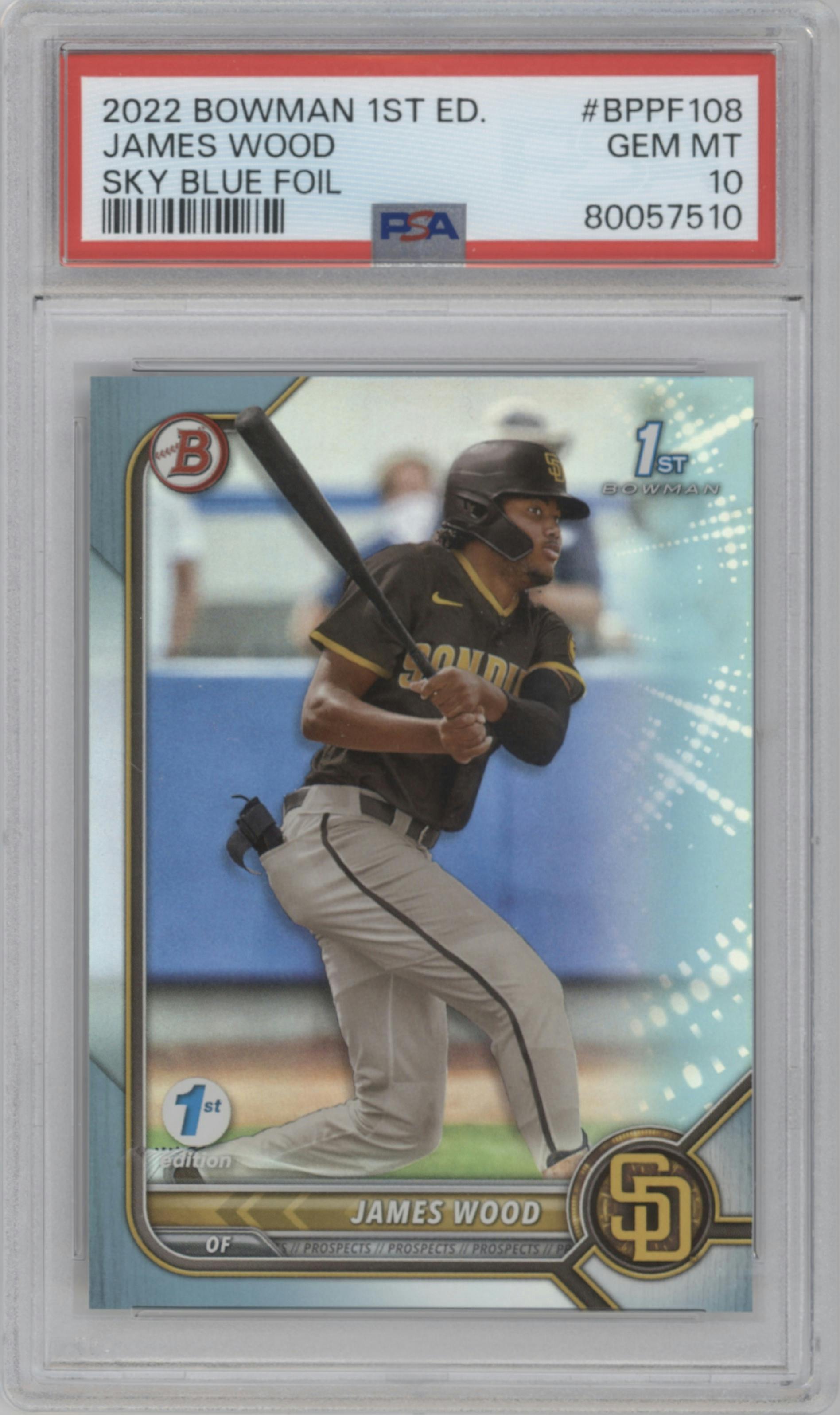 James Wood from the 2022 Bowman 1st Edition set featuring a Sky Blue Foil parallel graded by PSA and given an overall grade of 10.