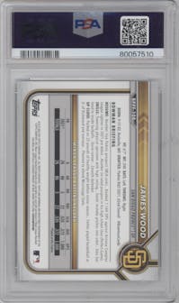 James Wood from the 2022 Bowman 1st Edition set featuring a Sky Blue Foil parallel graded by PSA and given an overall grade of 10.