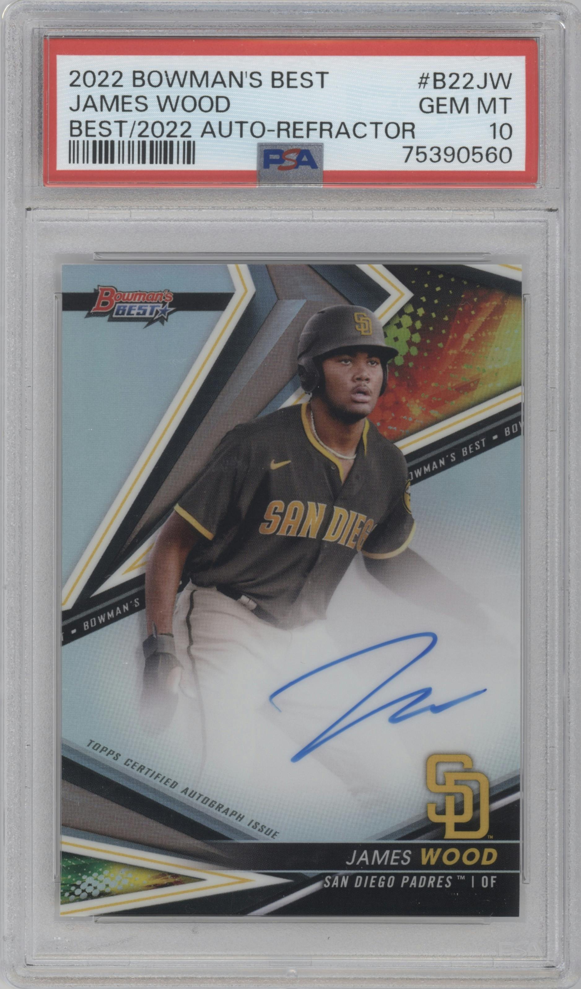 James Wood from the 2022 Bowman’s Best   set featuring a Refractor  parallel graded by PSA and given an overall grade of 10.