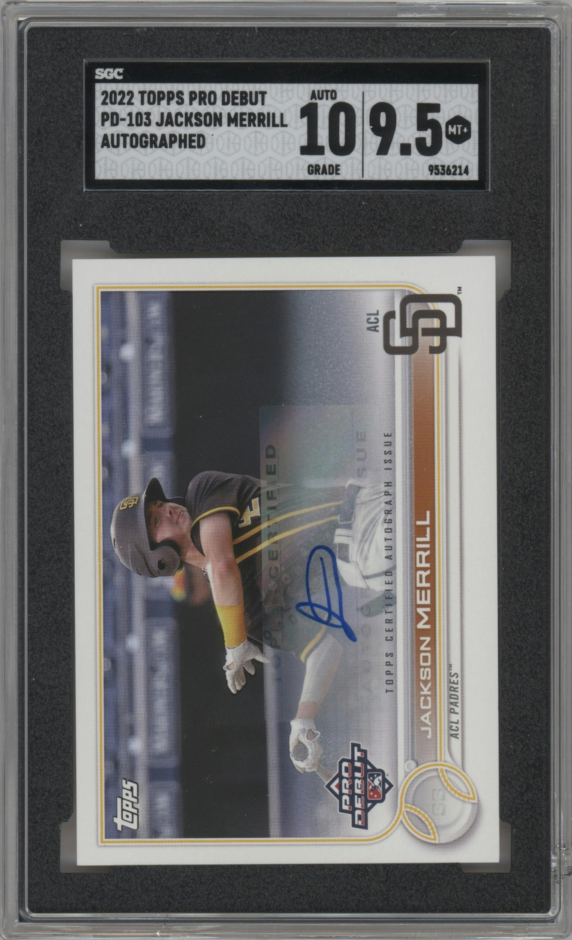 Jackson Merrill from the 2022 Topps Pro Debut set graded by SGC and given an overall grade of 9.5.