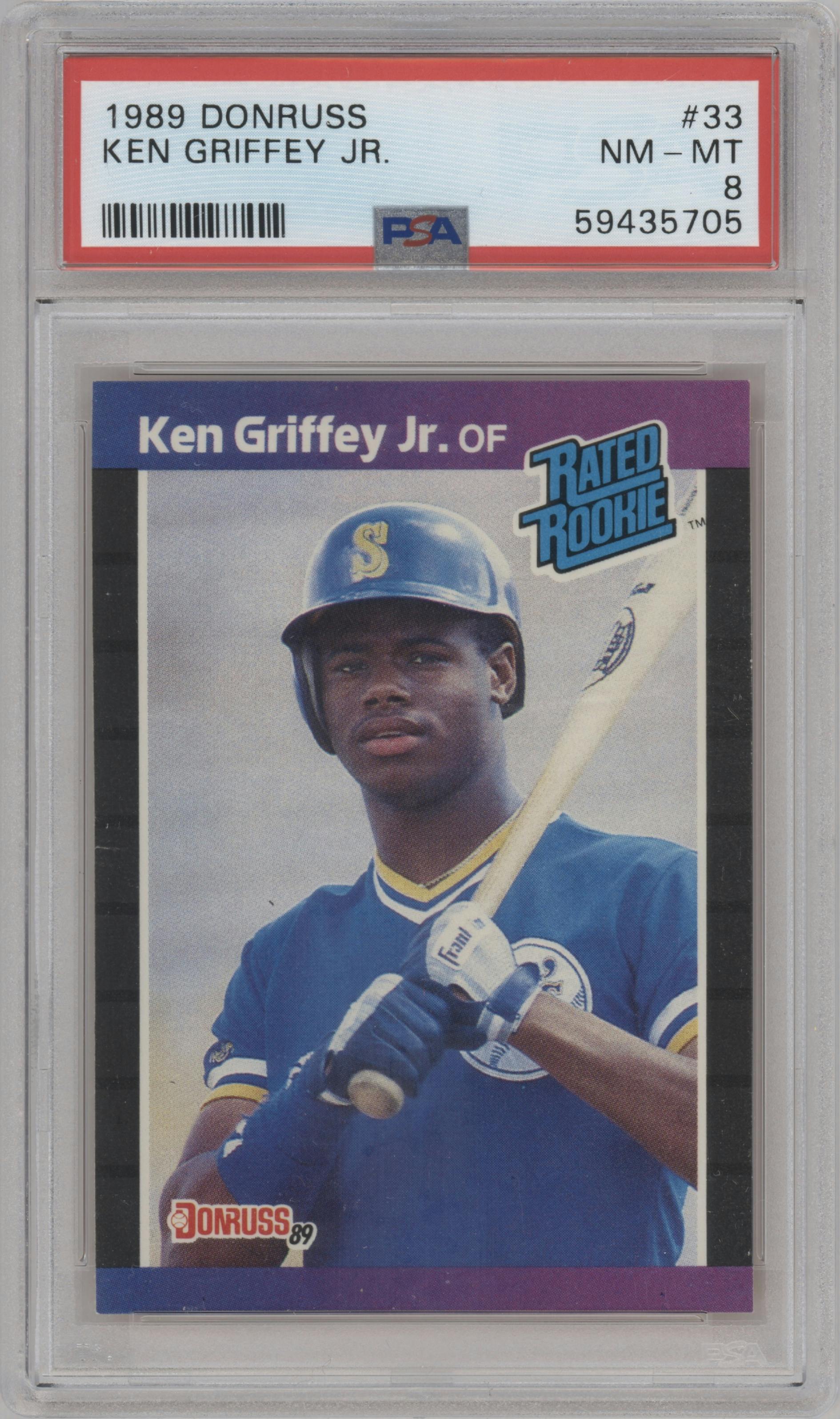 Ken Griffey Jr. from the 1989 Donruss set graded by PSA and given an overall grade of 8.