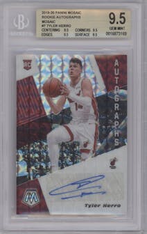 Tyler Herro from the 2019-20 Panini Mosaic  set graded by Beckett and given an overall grade of 9.5.