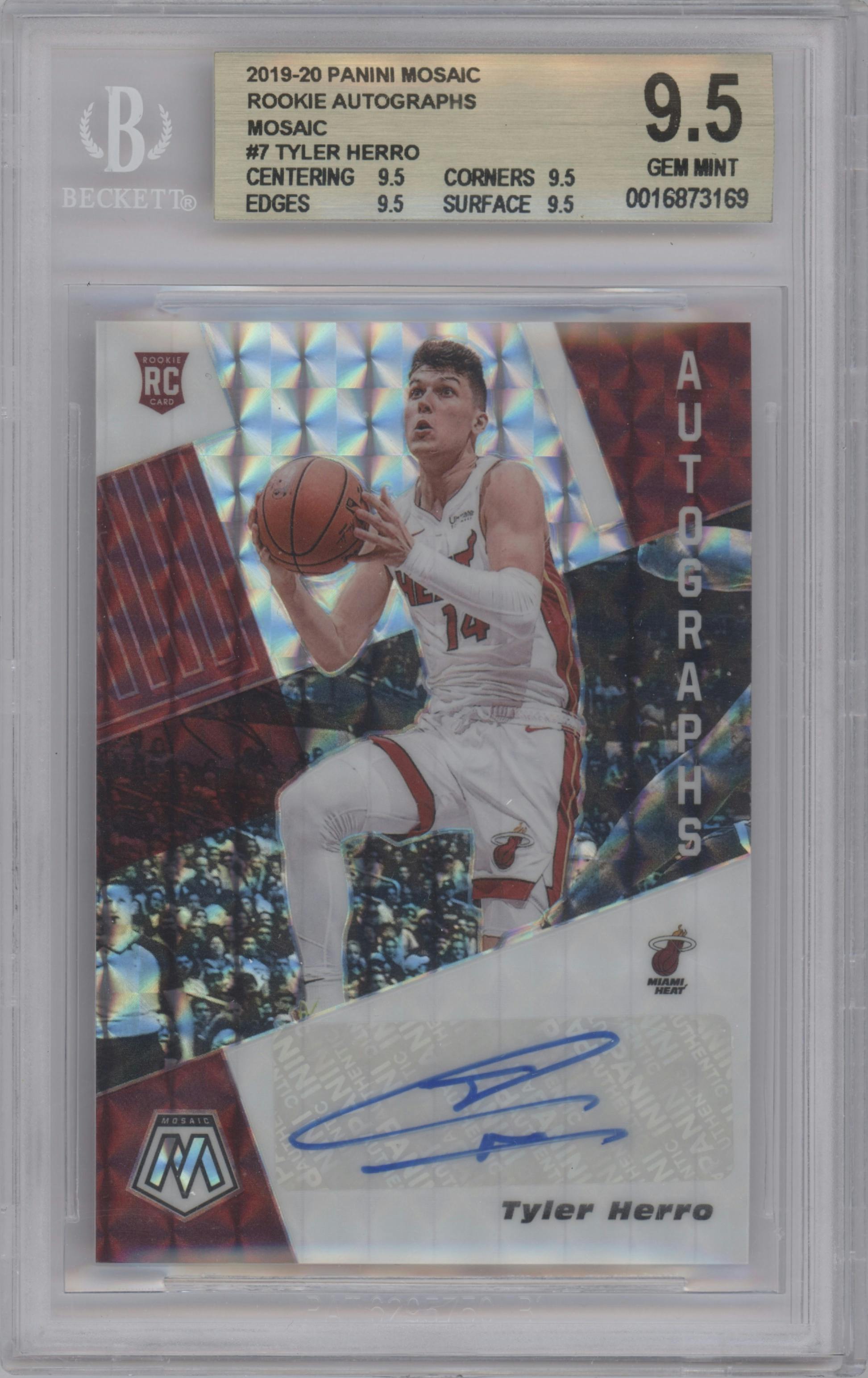 Tyler Herro from the 2019-20 Panini Mosaic  set graded by Beckett and given an overall grade of 9.5.