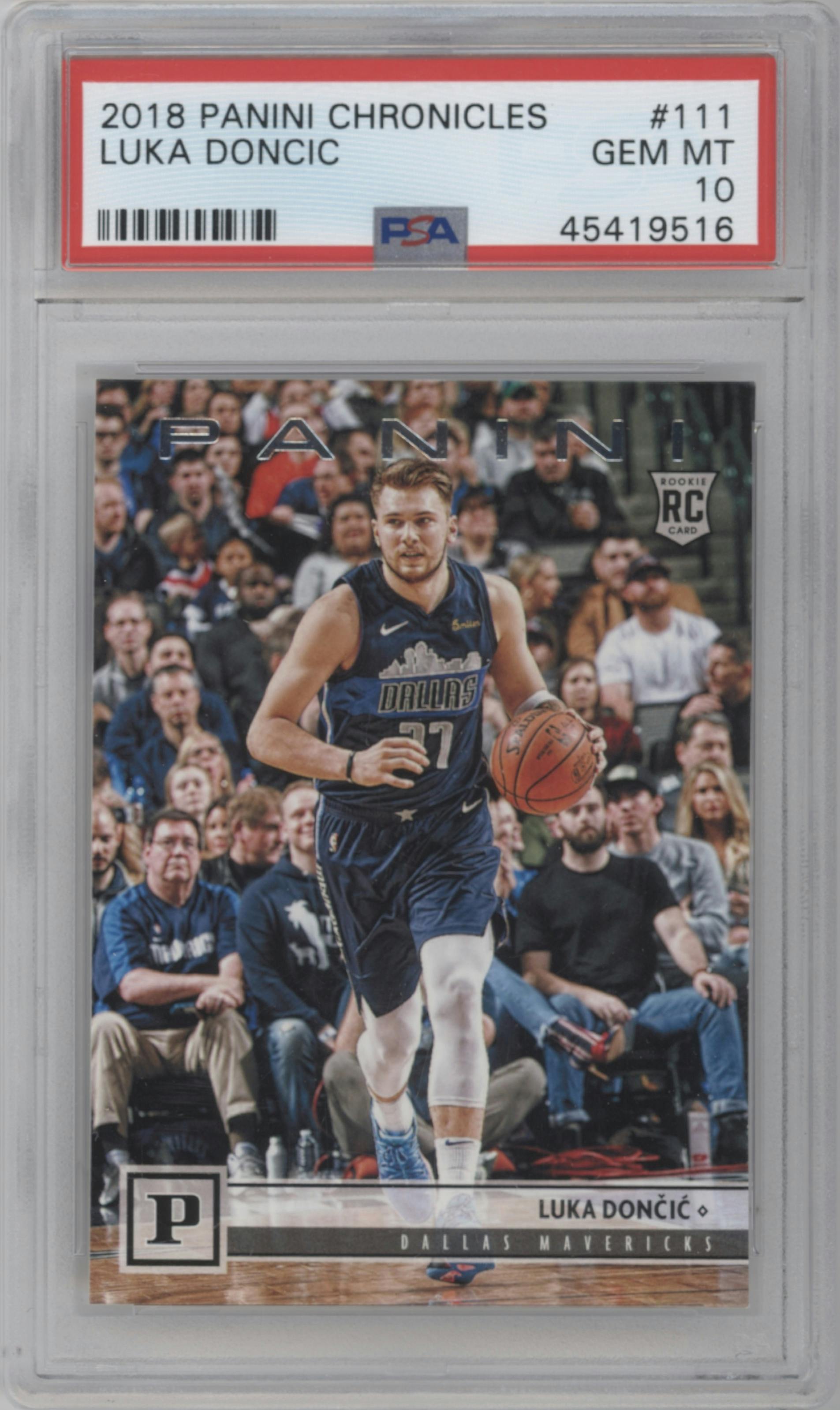 Luka Doncic from the 2018-19 Panini Chronicles set graded by PSA and given an overall grade of 10.