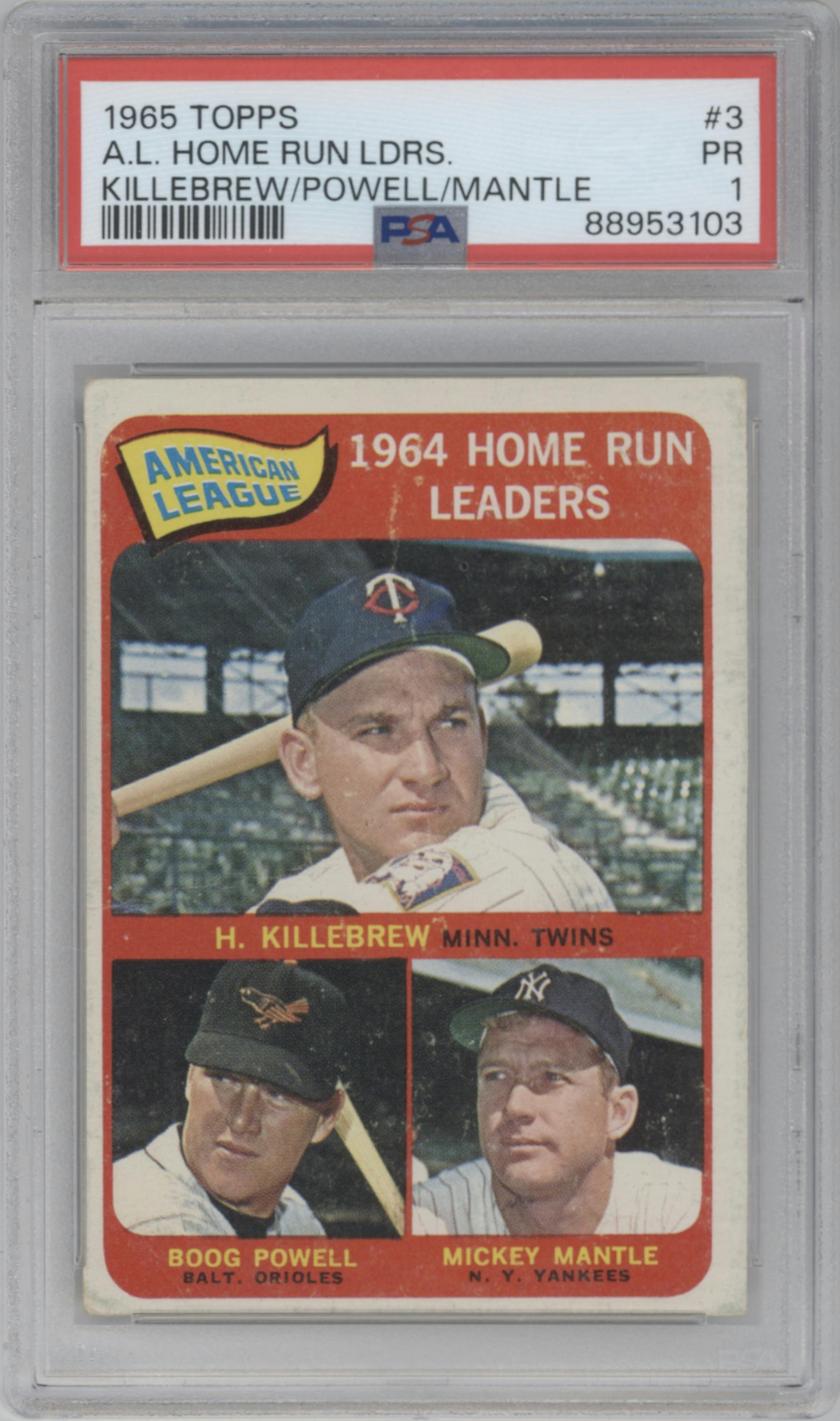 Harmon Killebrew/Boog Powell/Mickey Mantle from the 1965 Topps set graded by PSA and given an overall grade of 1.