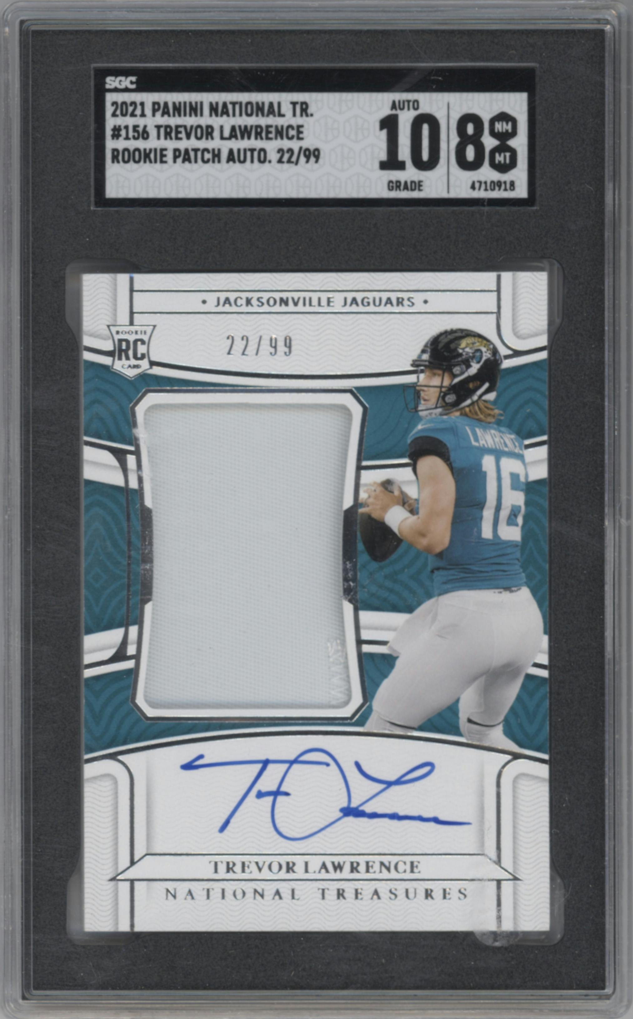 Trevor Lawrence from the 2021 Panini National Treasures set graded by SGC and given an overall grade of 8.