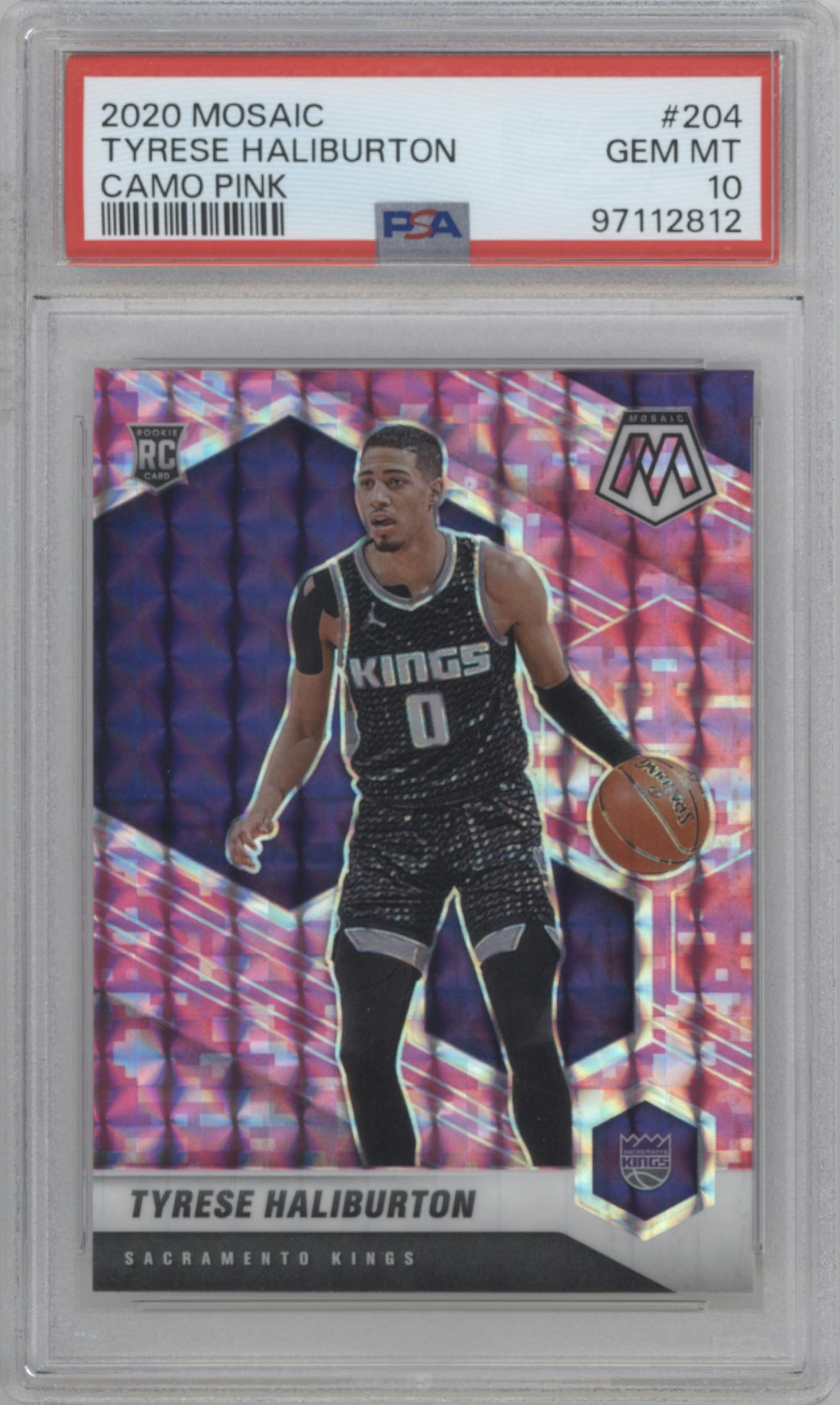 Tyrese Haliburton from the 2020-21 Panini Mosaic set featuring a Pink Camo parallel graded by PSA and given an overall grade of 10.