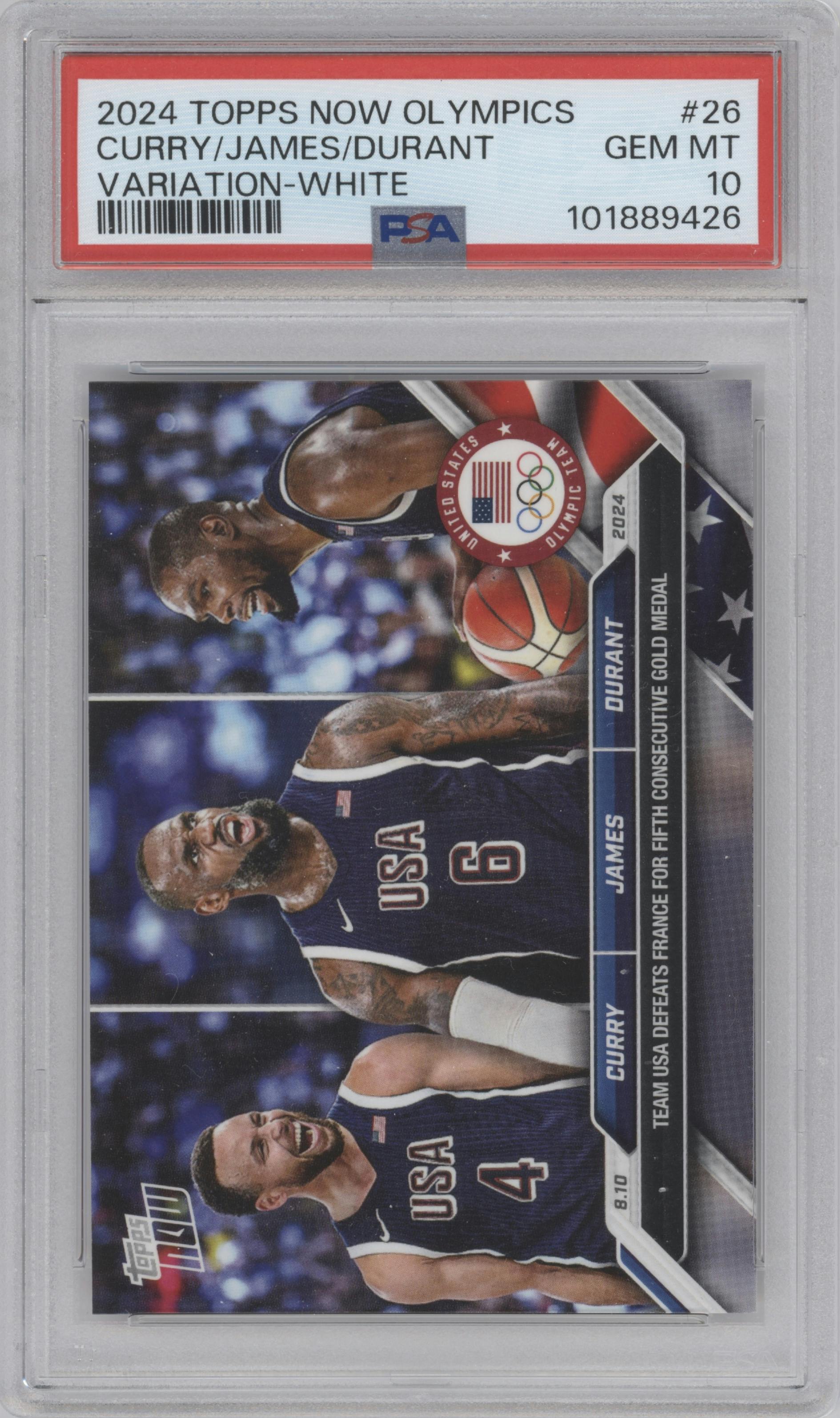 Stephen Curry/LeBron James/Kevin Durant from the 2024 Topps Now Olympics set featuring a White Logo parallel graded by PSA and given an overall grade of 10.