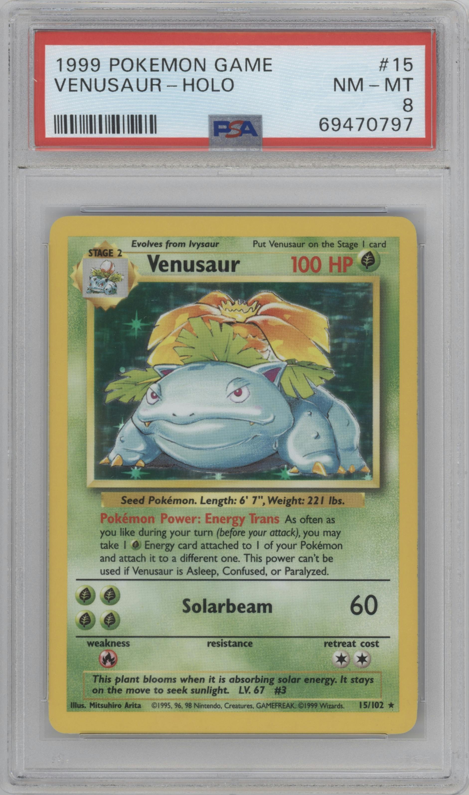 Venusaur from the 1999 Pokemon set graded by PSA and given an overall grade of 8.