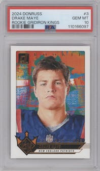 Drake Maye  from the 2024 Donruss set graded by PSA and given an overall grade of 10.