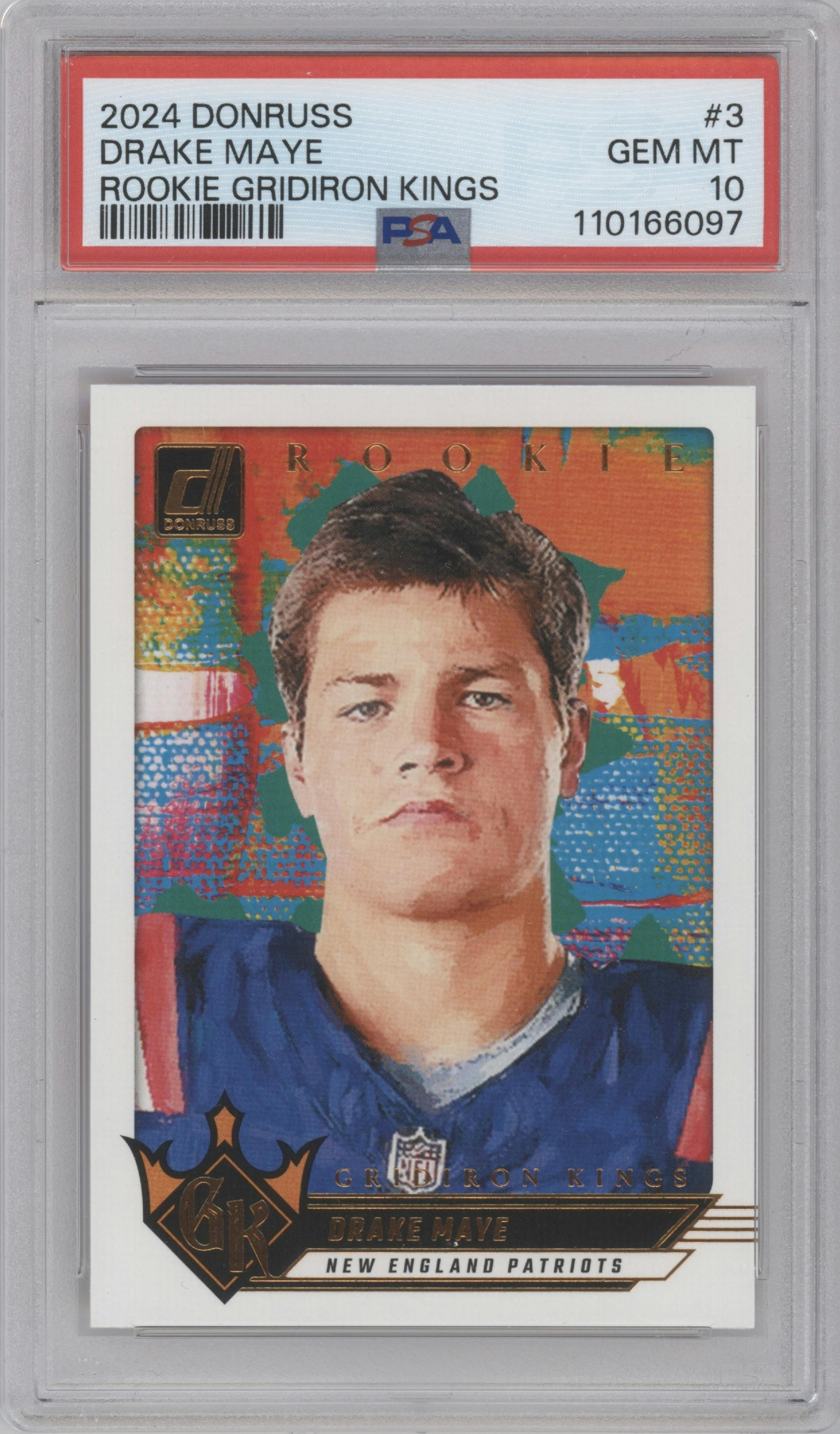 Drake Maye  from the 2024 Donruss set graded by PSA and given an overall grade of 10.